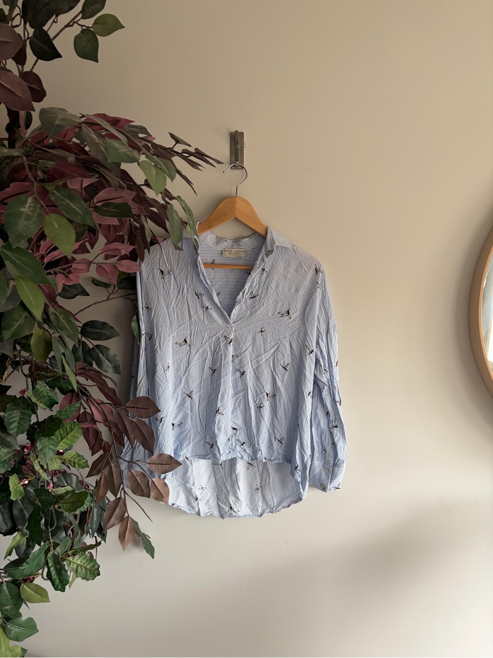 Dress Forum Light Blue Striped Button-Front Blouse with Bird Print